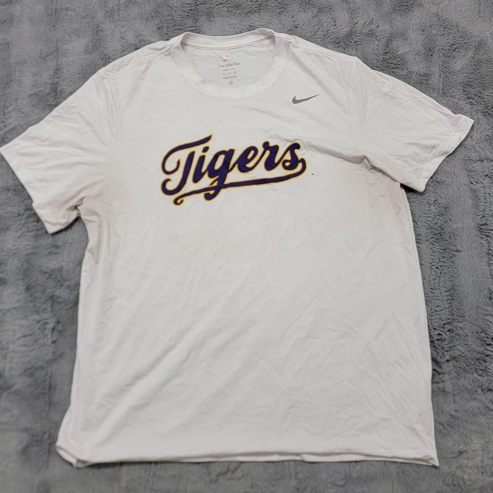 LSU Tigers Nike Team Issued Shirt Mens 2XL White NCAA Football Dri-Fit Spellout